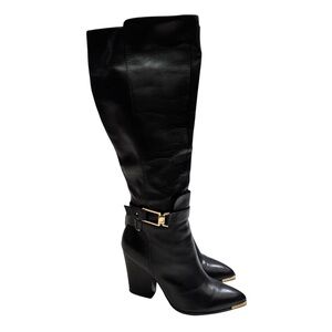 Aldo Black Leather Gold Buckle Tall Boots Sz 10